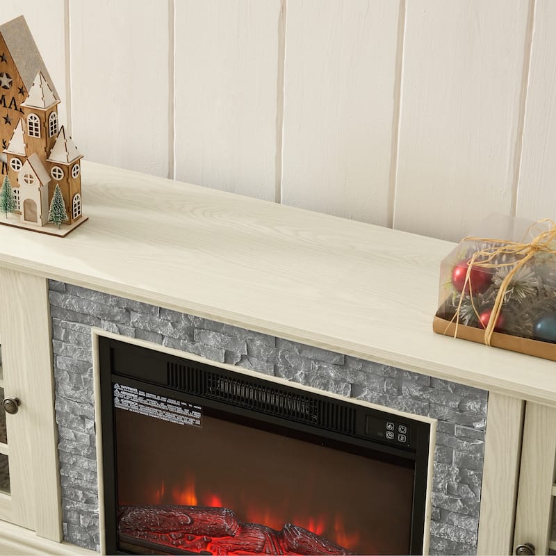 GDFStudio Thatch Wood 70" TV Stand with Faux Stacked Stone Fireplace and 2 Door Storage