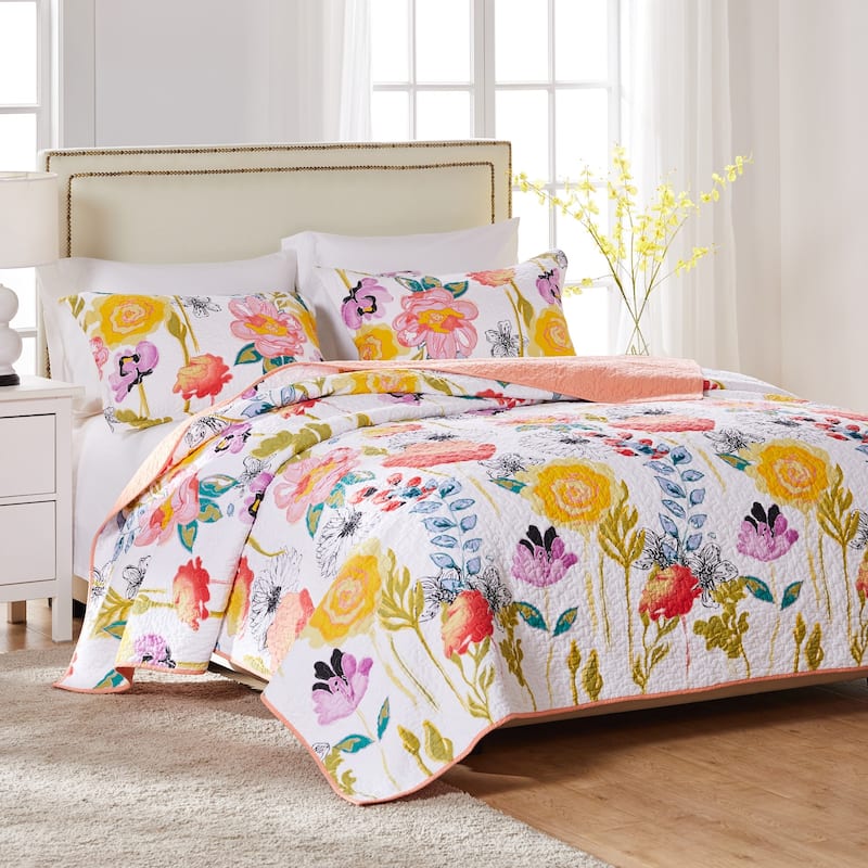 Greenland Home Fashions Watercolor Dream 100% Cotton Modern Floral Quilt Set - White 2-Piece - Twin XL