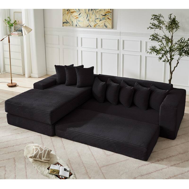 Floor Sleeper Sofa Bed Convertible L-shaped Modular Sectional Couch with Chaise, Corduroy Compression Sofa with Side Pockets