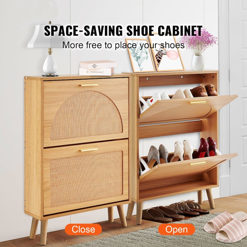 Shoe Cabinet with Flip Drawers Rattan Doors Entryway Storage Organizer - 23.62 x 6.61 x 34.53 inch