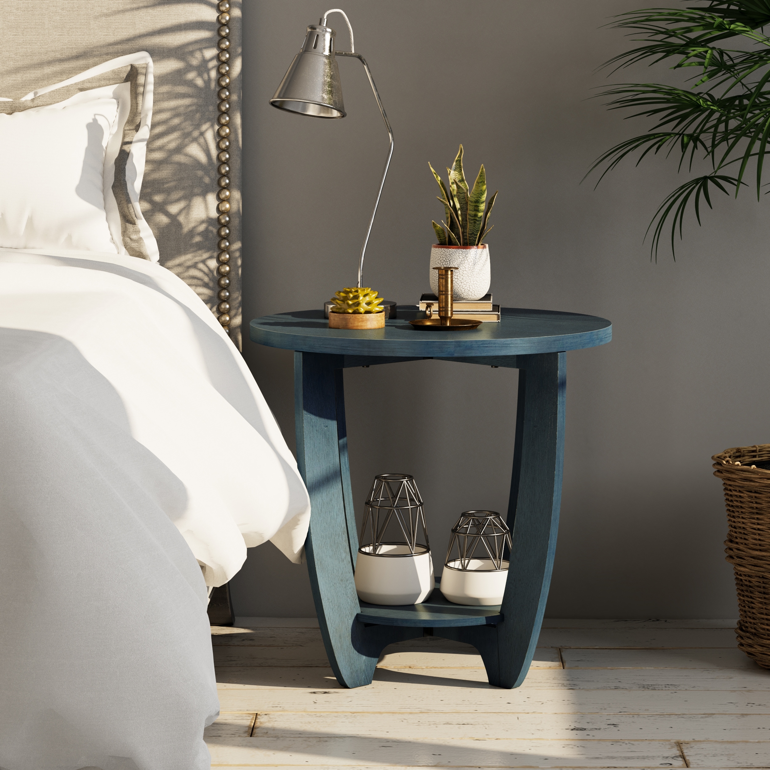 COZAYH Rustic Farmhouse End Table with Storage Shelf, French Country Accent Side Table, Round