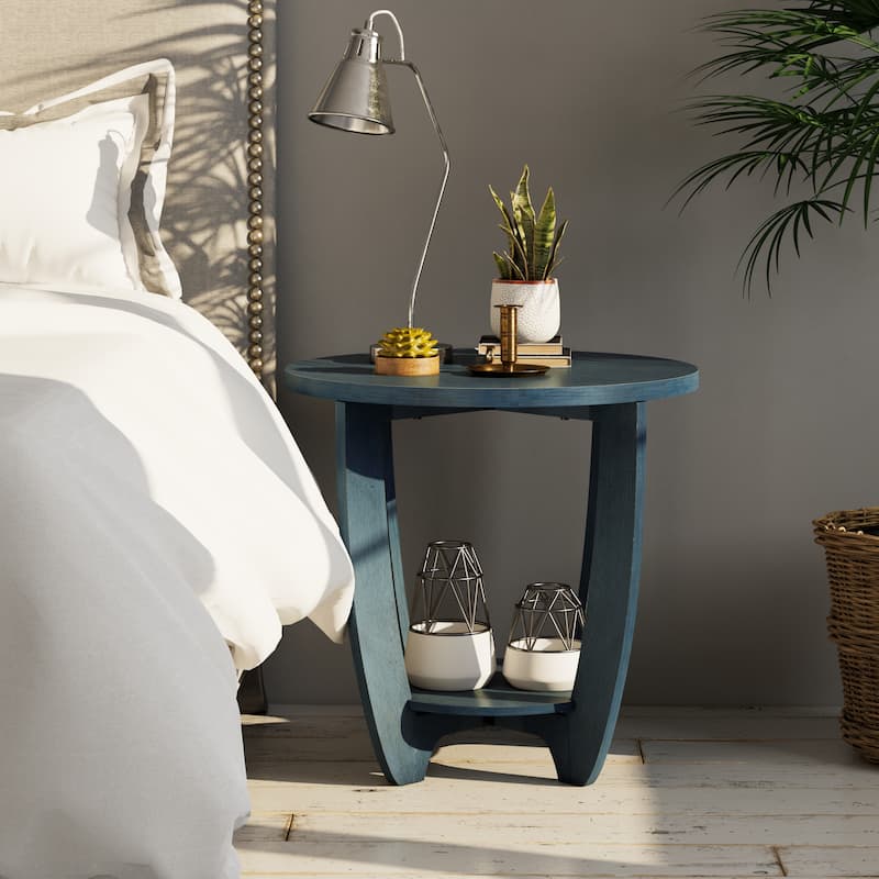 COZAYH Rustic Farmhouse End Table with Storage Shelf, French Country Accent Side Table, Round