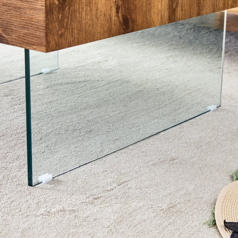 Walnut Colored Square Mdf Coffee Table - 31.5"X31.5"With Tempered Glass Legs.Density Board Sticker,Reinforced Glass Legs