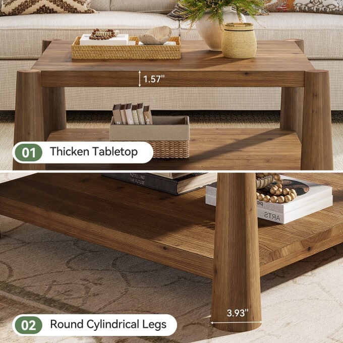 34" Square Solid Wood Coffee Table, Rustic Living Room Center Table