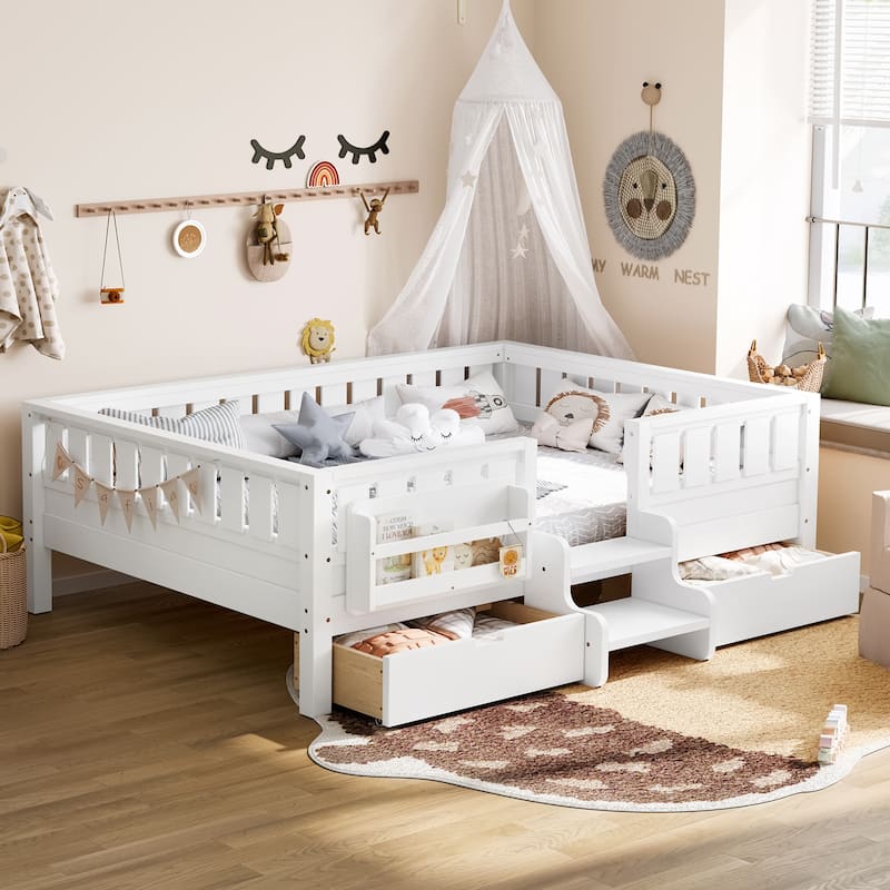 Full/Twin Loft Bed with Storage Drawers, Safety Staircase & Rails