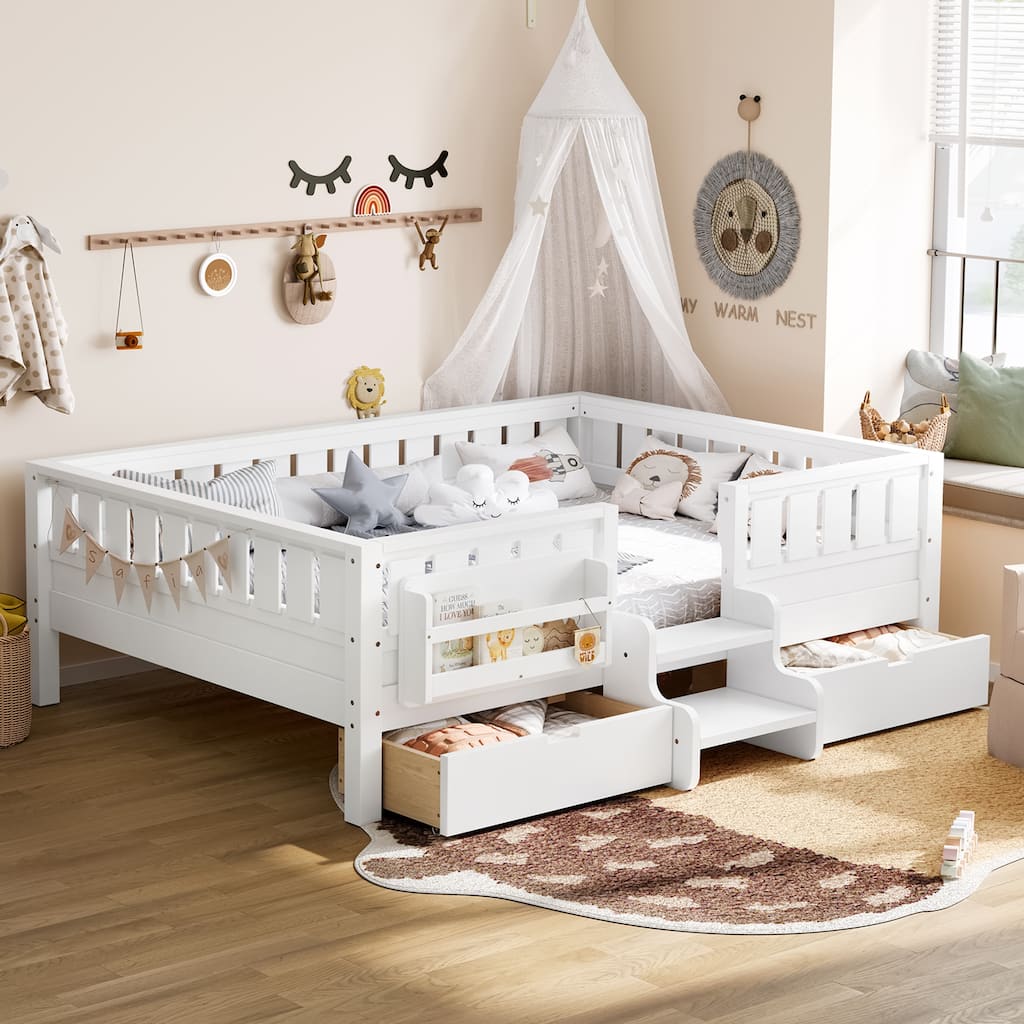 Multiple Colors Toddler Montessori Bed Children's Platform Bed with Low Profile Stairs, Built-in Bookshelf and Storage Drawers