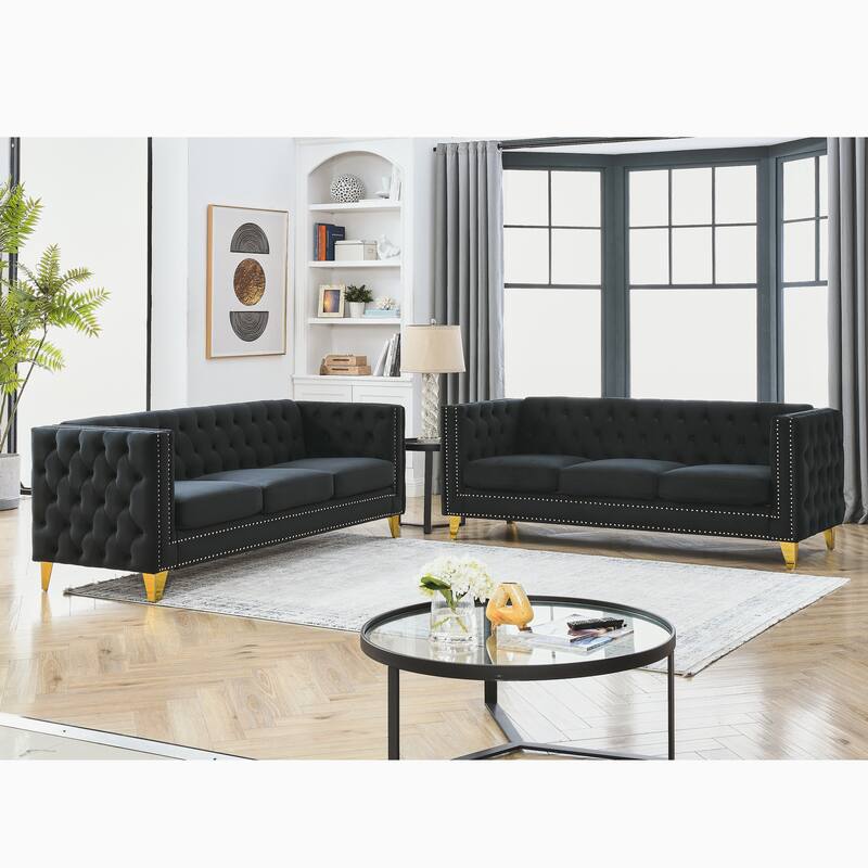 Classic Chesterfield Velvet Sofa Set, 2-Piece Button-Tufted 3-Seater Couch with Nailhead Trim and Metal Legs - Black