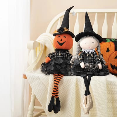 Glitzhome 29"H Halloween Handmade Fabric Dressed Witch Pumpkin Jack-O-Lantern Figurine Sitter Table Decor