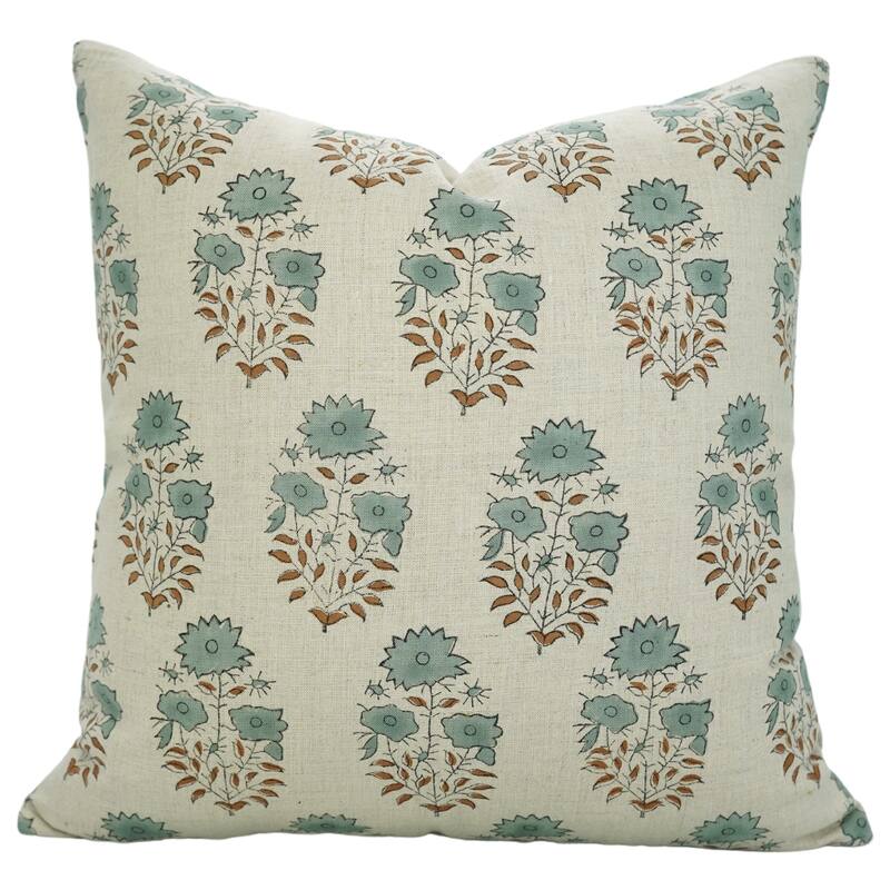 Fabdivine Block Print 12x20 Inch Pillow Cover Pure Linen Floral Farmhouse Decor Accent for Brown Soft, Cushion Case, Kanak Buti - Pillow Covers - Mayra- Teal, Brown - 26" x 26"