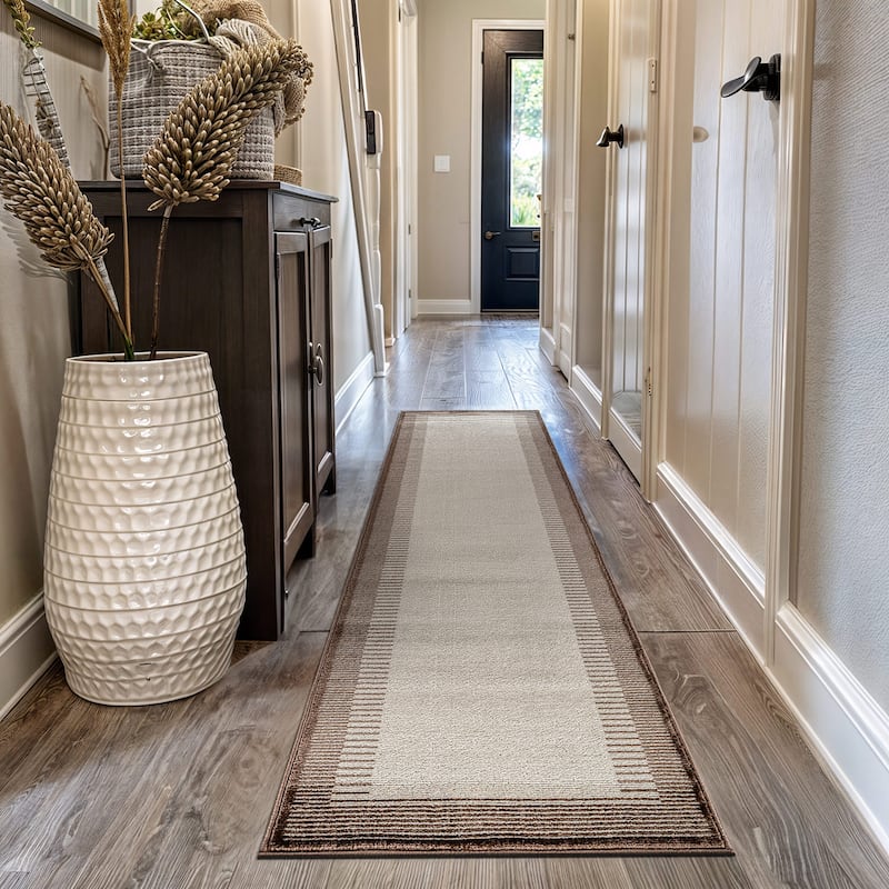 World Rug Gallery Modern Abstract Bordered Area Rug for Living Room, Bedroom, or Entryway - Low Pile Indoor Rug - Brown - Runner - 2'3" x 12'