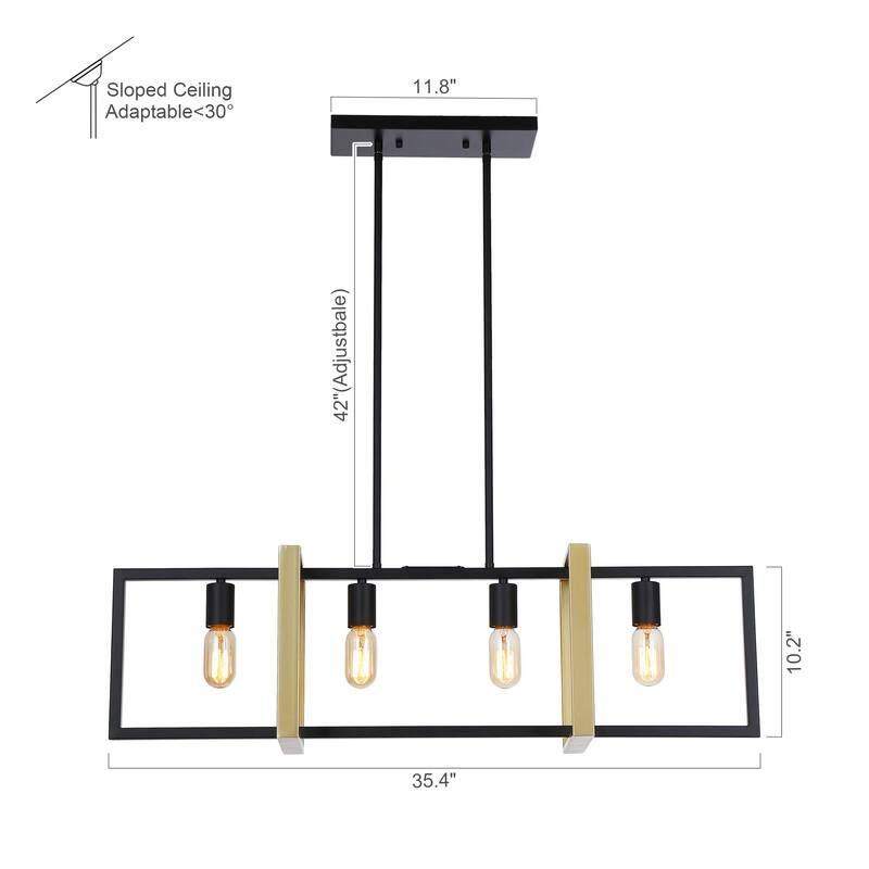 Modern 4-Light Matte Black and Gold Kitchen Island Linear Chandelier for Dining Room - 35.5-in L x 10.2-in W x 10.2-in H