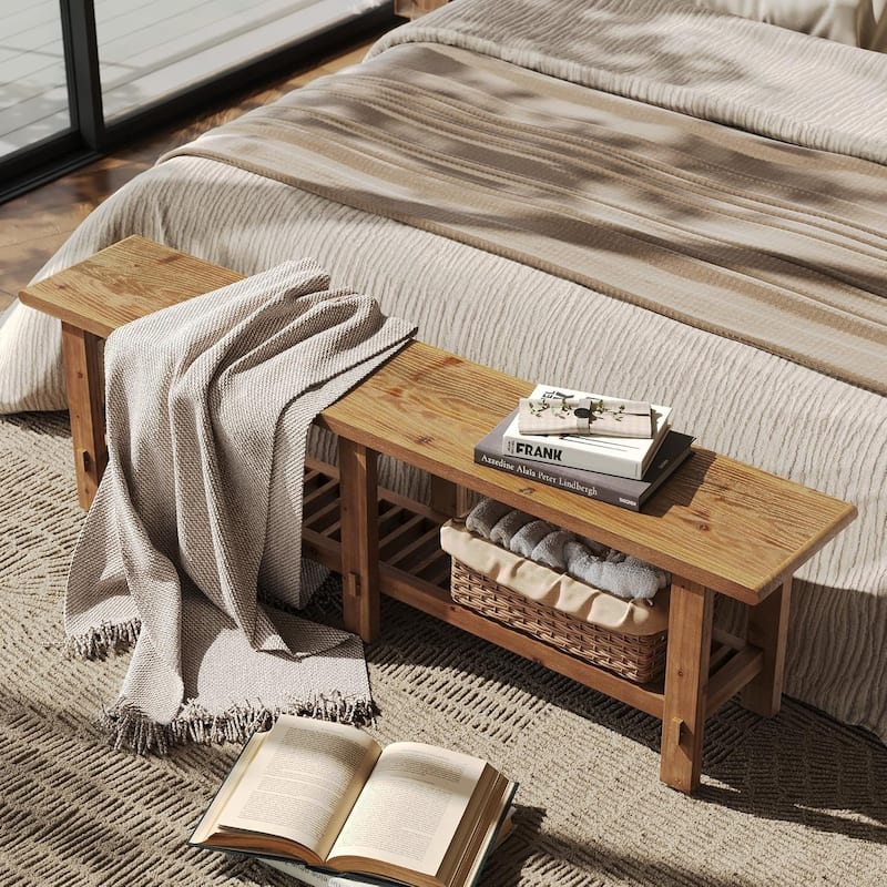 63" Solid Wood Entryway Shoe Bench, Bed End Bench with Storage Shelf