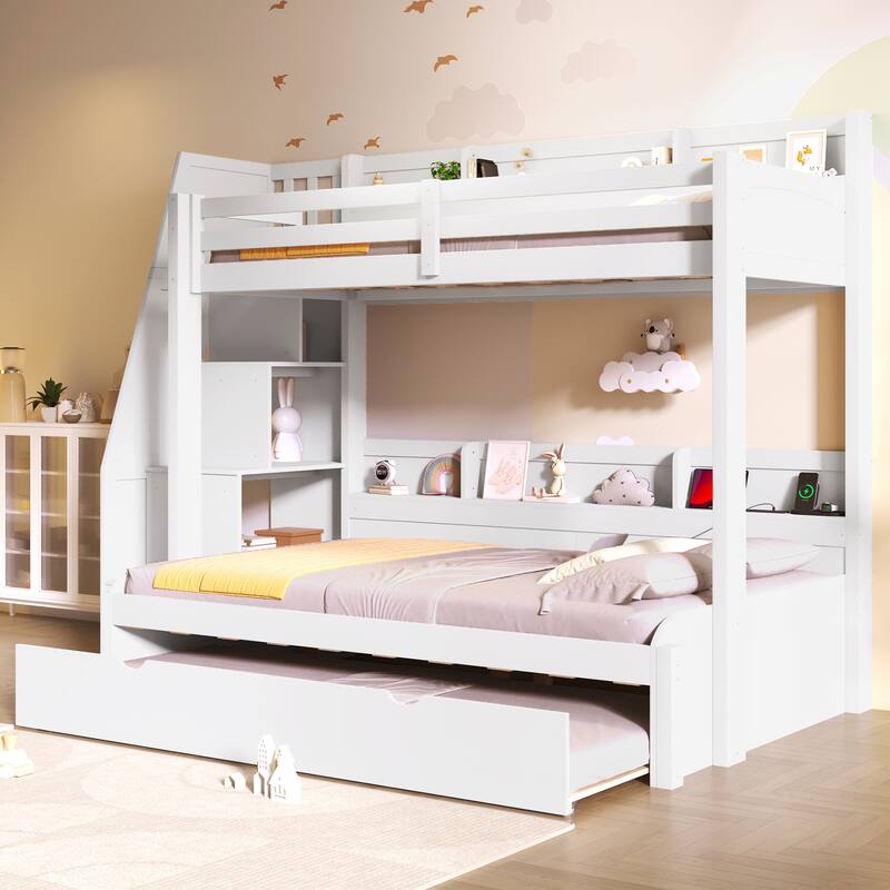 Twin Over Full Size Bunk Bed with Built-in 3-in-1 Storage Shelves and Charging Station, Pull-out Trundle, Storage Staircase
