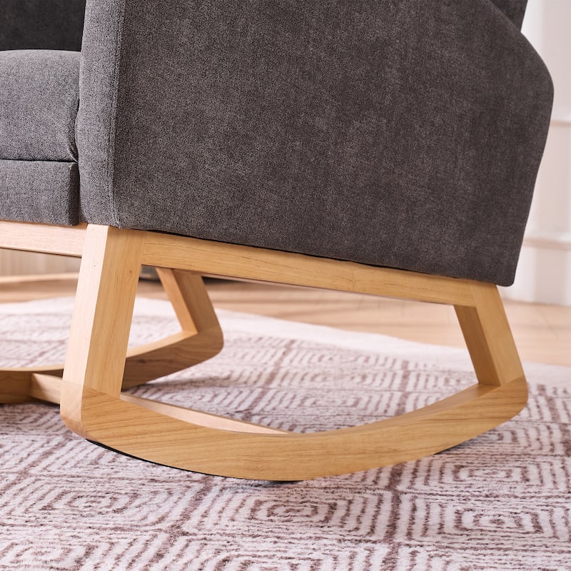 Upholstered Glider Chair with Thick Cushions, Rubber Wood Rocking Chair with Footrest, Lounge Recliner with Armrests