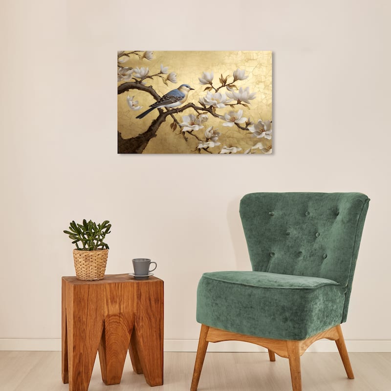 Wynwood Studio Canvas Animals Elegant Bird in Blossoms Gold and Metallic Gold Glam Wall Art Canvas Print - 24 x 16