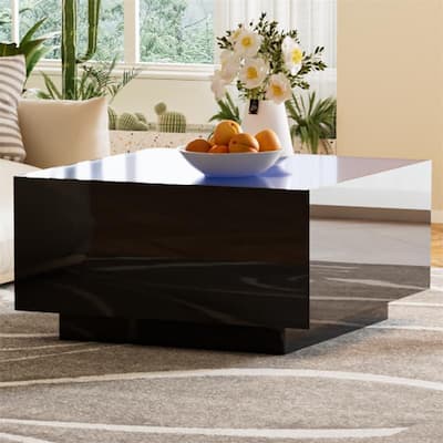Square Hight Glossy Coffee Table with 16-color LED Strip Lights, Modern Center Table with 5mm Frosted Tempered Glass Top