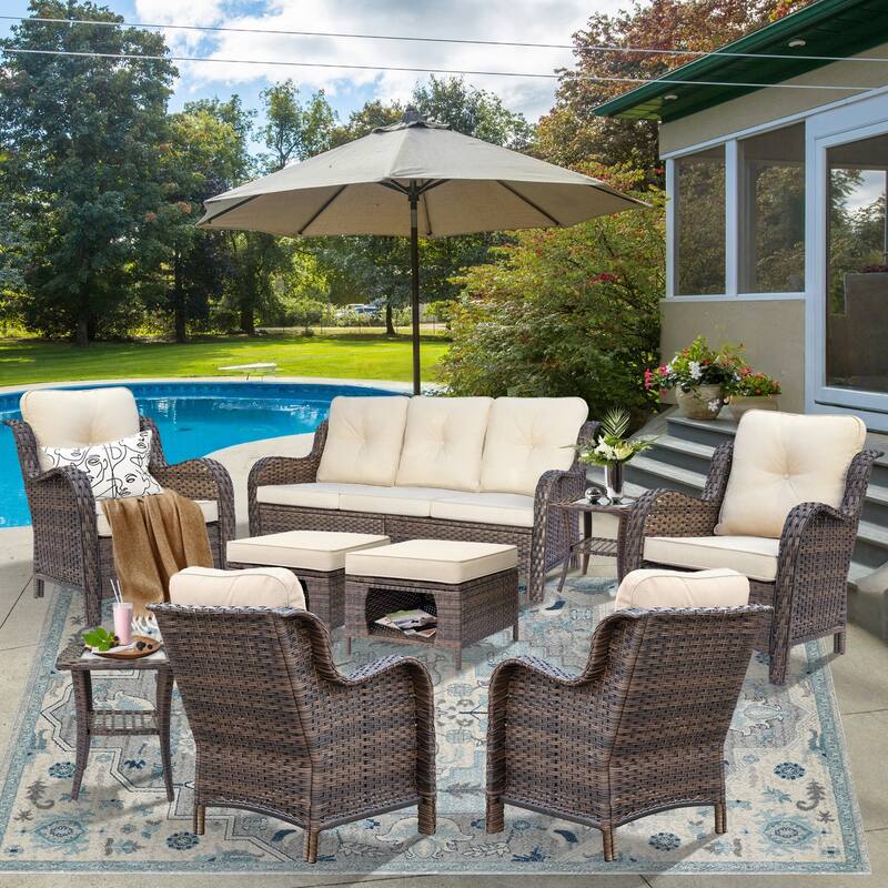 Brown Wicker Outdoor Patio Conversation Seating Sets with Beige Cushions - 9 Piece - Beige