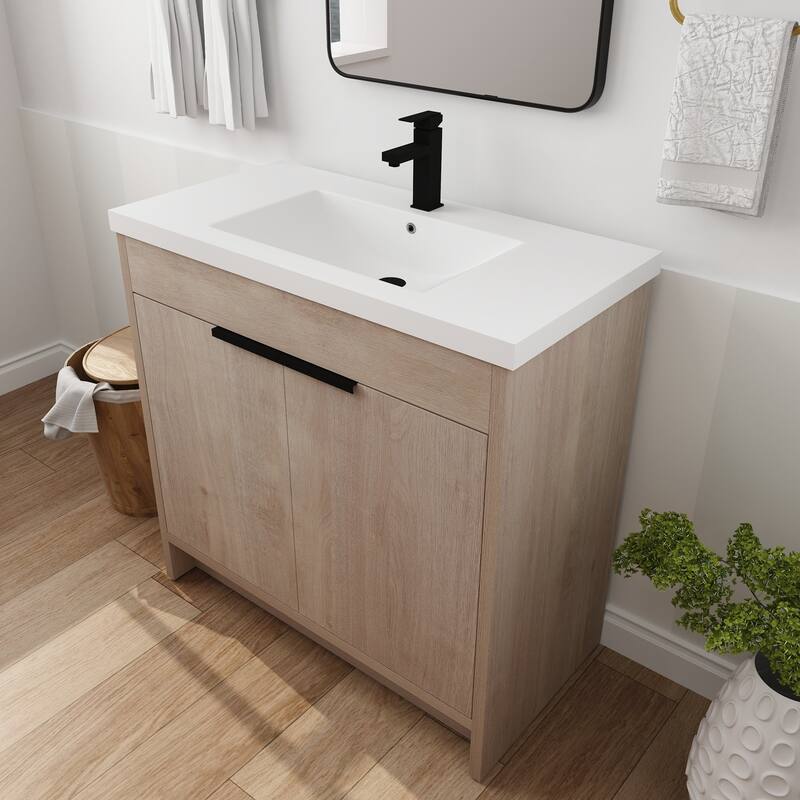 Freestanding Plywood Bathroom Vanity Set in Plain Light Oak with Integrated Sink