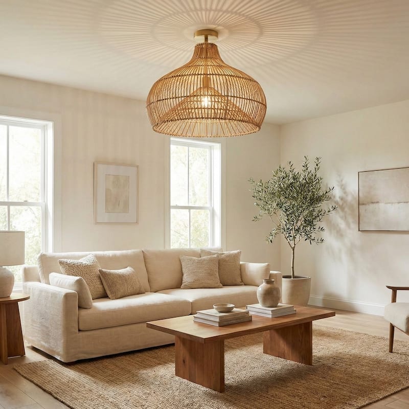 Oceania Rattan Flush Mount Rattan Natural Cone Handwoven Dimmable Ceiling Light for Bedroom or Hallway in Farmhouse, Boho Style