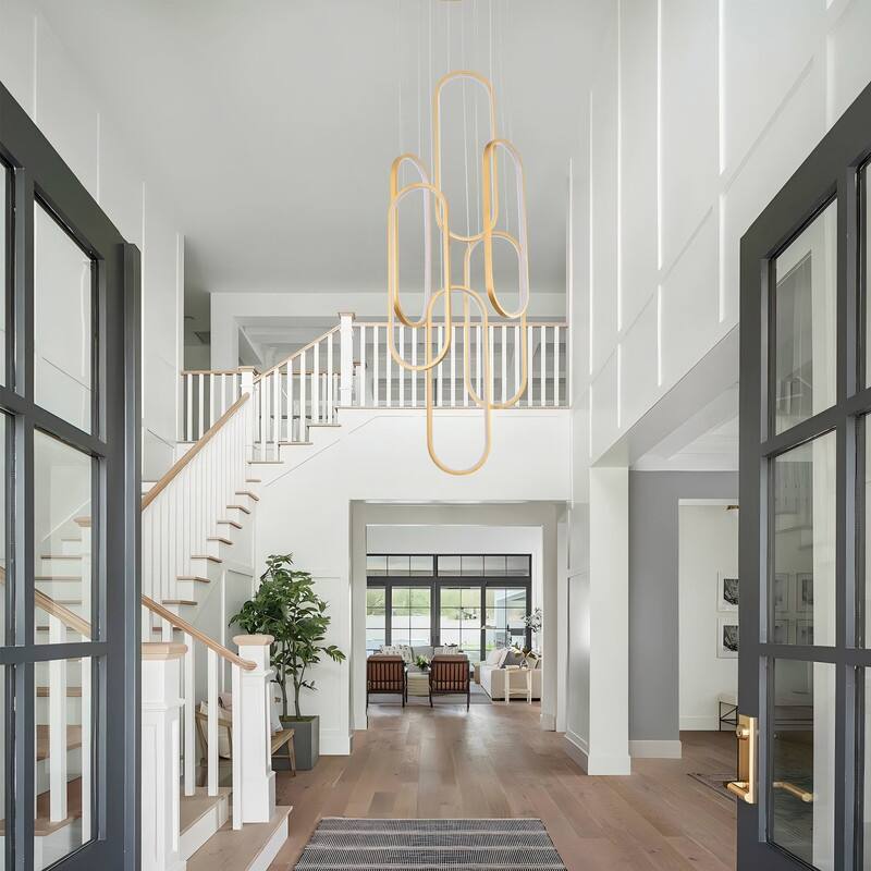 6 Rings Modern Chandelier, LED Black Large Contemporary Light for Staircase, Dimmable High Ceiling Chandeliers