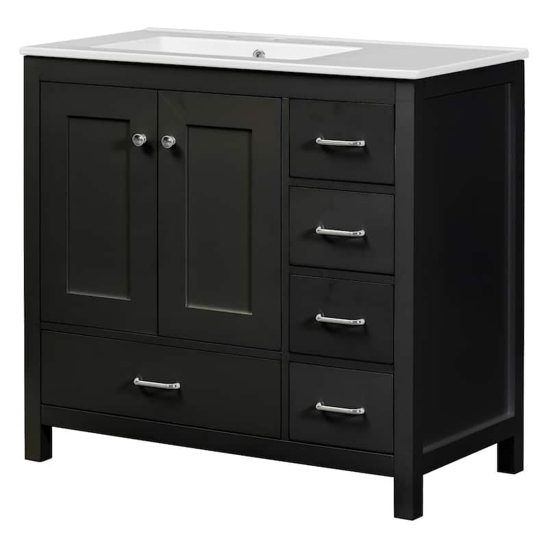 36 inch Solid Wood and MDF Freestanding Bathroom Vanity Set with Ceramic Sink 5 Drawers and Soft-Close