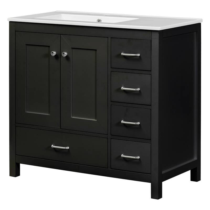 Bathroom Vanity with Ceramic Sink, Abundant Storage Cabinet with 2 Soft Close Doors and 5 Drawers and Delicate Silver Handles