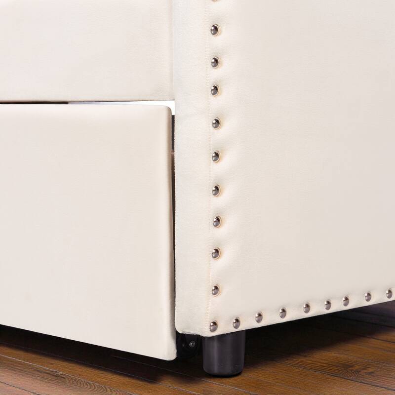 Twin Size Velvet Upholstered Daybed with Pop Up Trundle, 2-in-1 Sofa Bed for Guest Room or Kids Room