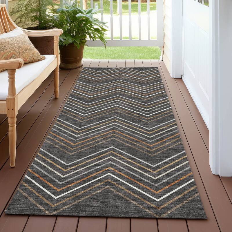 Machine Washable Indoor/ Outdoor Modern Chevron Chantille Rug - Charcoal - 2'3" x 7'6"