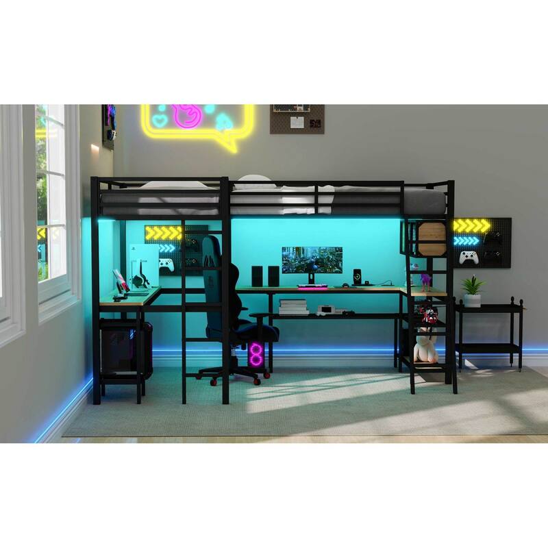 Roomfitters Metal Twin L-Shaped Loft Bed with 2 Desks, LED Lights and Charging Station, Black
