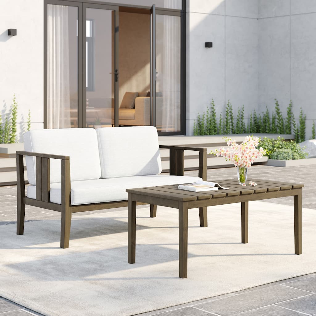 Uixe Teak Patio Loveseat with Coffee Table Outdoor Conversation Set
