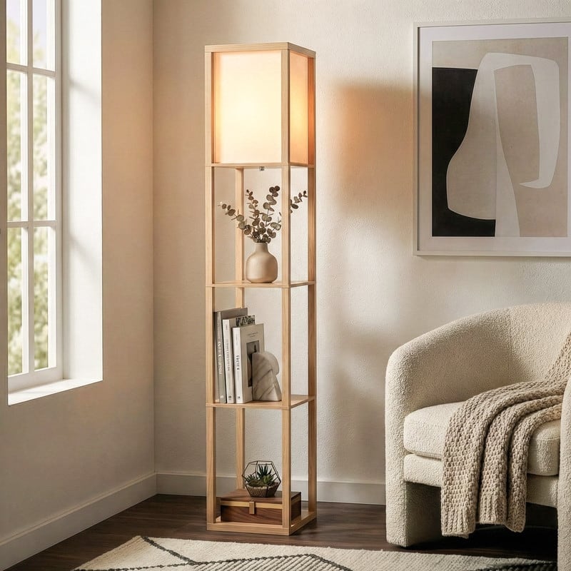 Brightech Maxwell 63 in. Natural Wood Traditional LED Super Bright 3-Shelf Floor Lamp with White Fabric Square Shade