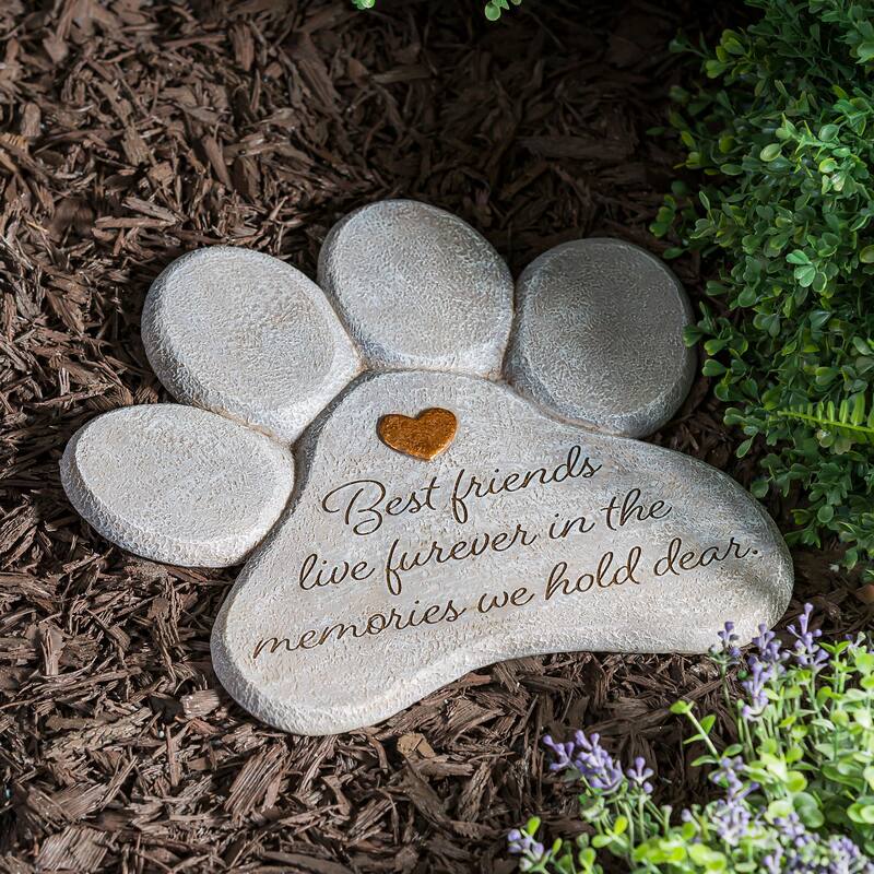 11" Paw Shaped Pet Memorial Garden Stone, Best Friends Live Forever