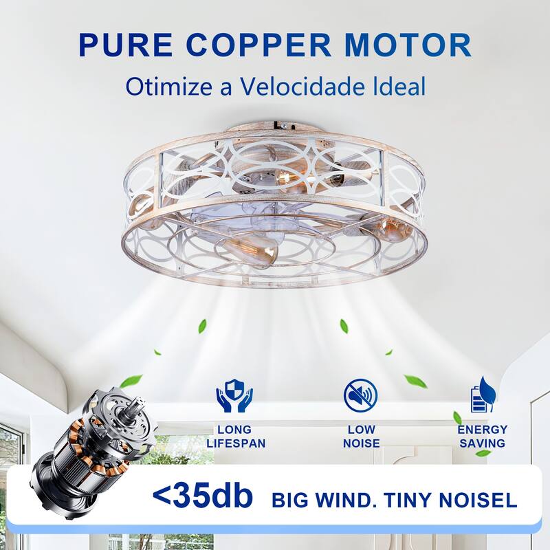 20" Caged Ceiling Fans with Lights,Bladeless Ceiling Fan 6 Speed Reversible with Remote Control,Flush Mount Caged Ceiling Fan