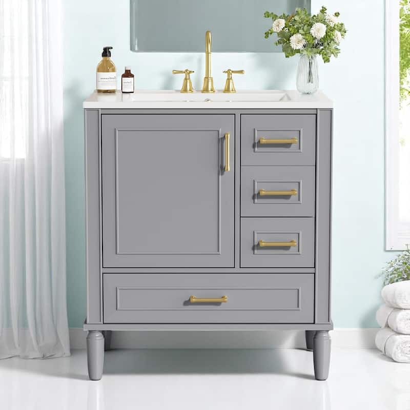 30" Bathroom Vanity with Sink, Freestanding Storage Cabinet with 3 Drawers, Soft-Close Door, Ceramic Basin,Bathroom Cabinet - Grey