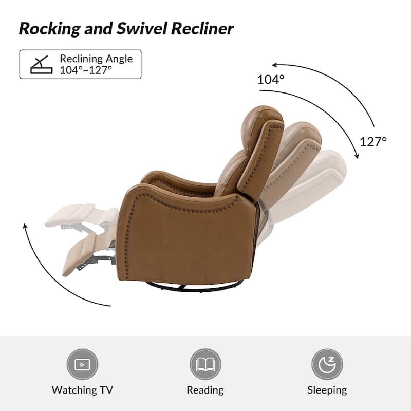 Franco Modern Genuine Leather Swivel Rocker Recliner with Nailhead Trims by HULALA HOME