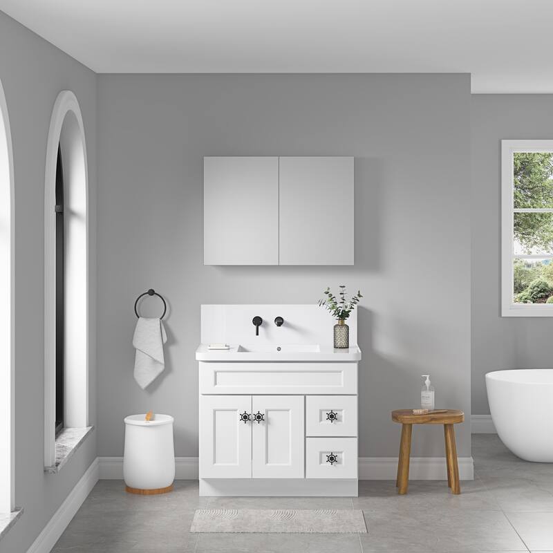 Wall Mounted Bathroom Medicine Cabinet with HD Mirror, Recessed or Surface Mount, Storage for Cosmetics & Personal Care - 26X36 in left 2 shelve - White + Engineered Wood