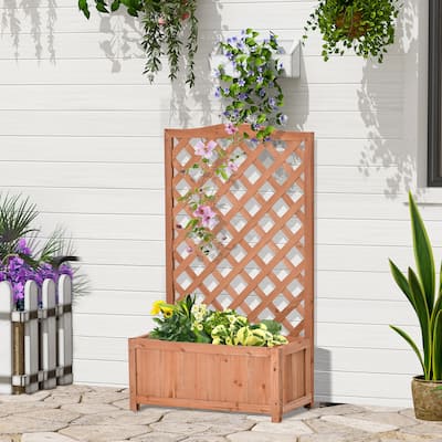 Raised Garden Bed Wood Planter with Trellis for Patio Brown