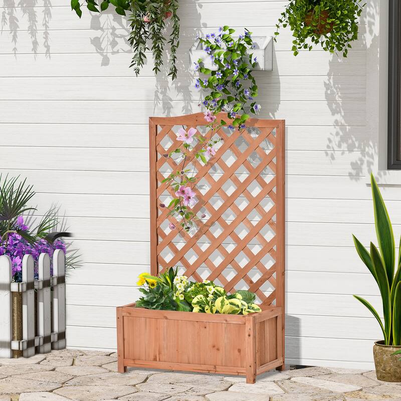 Wooden Raised Garden Bed Large Decorative Flower Racks Deep Trough Flower Beds with Trellis and Bottom Draining Slits for Patio