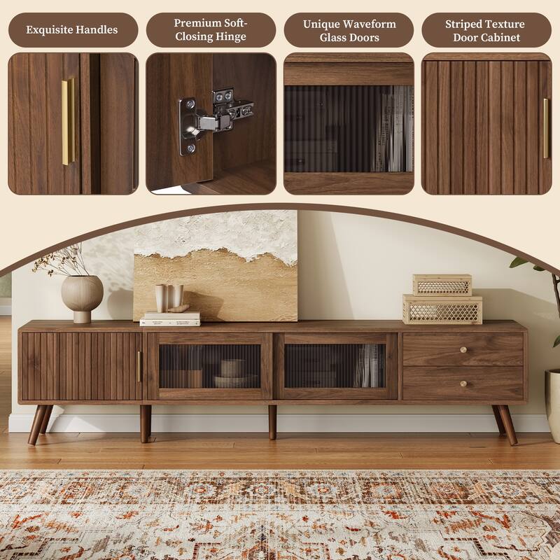 76" Minimal Glass-Doors TV Stand up to 85 Inches,Wood-Grain Entertainment Center with Storage Cabinets,TV Media Console Table