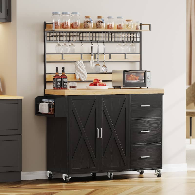 Moasis Rolling Kitchen Island Storage Shelf Mesh Panel with 3-Drawer Hooks Spice Rack Glass Holder