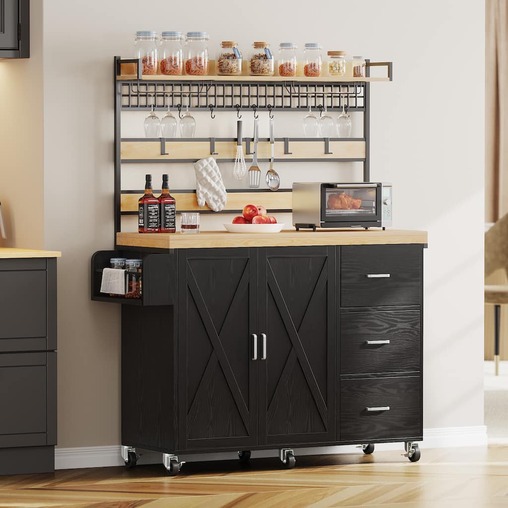 Moasis Rolling Kitchen Island Storage Shelf Mesh Panel with 3-Drawer Hooks Spice Rack Glass Holder