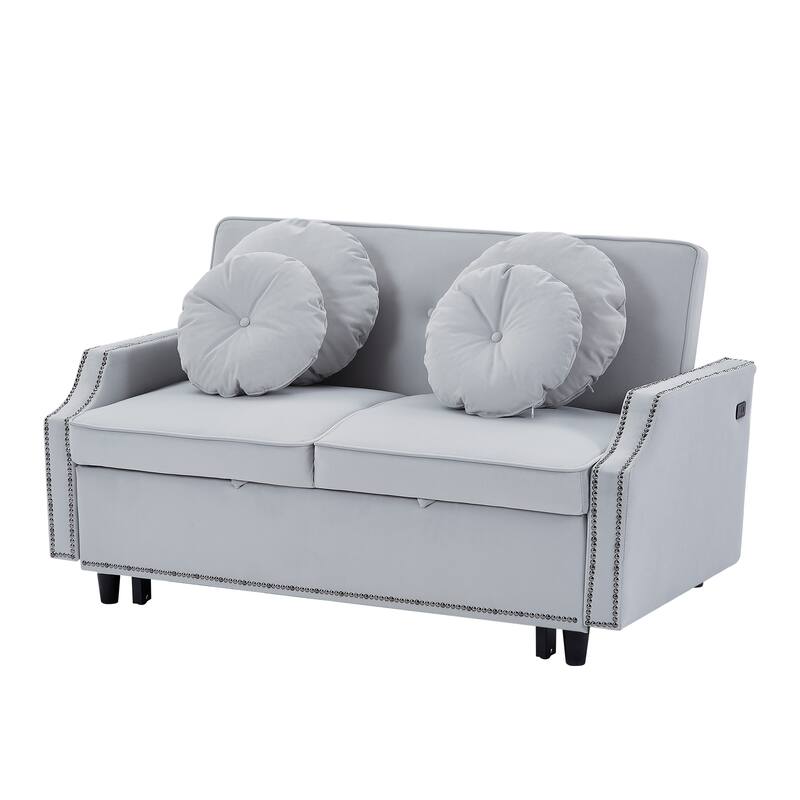 Loveseat Sofa Bed with Adjustable Button Tufted Backrest, 2 USB Ports and 4 Pillows