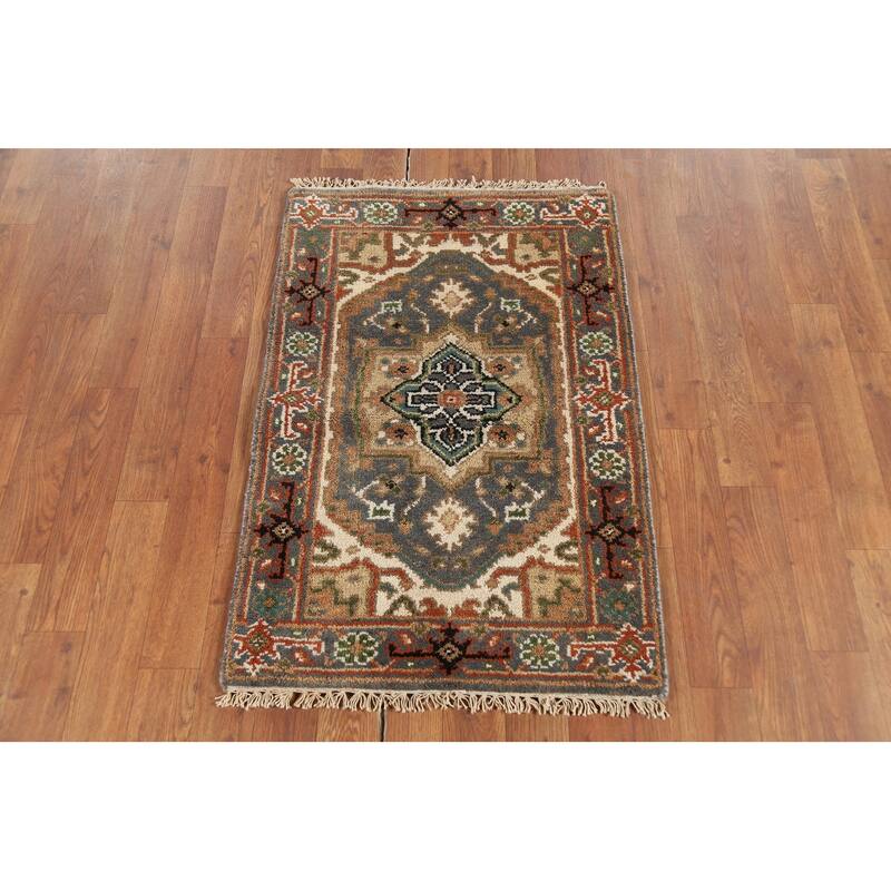 Grey Heriz-Serapi Indian Accent Rug Hand-Knotted Wool Carpet - 2'0"x 3'0"