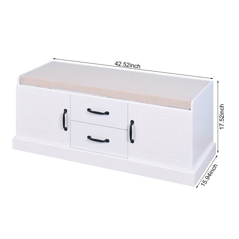 Wooden Entryway Shoe Cabinet with 2 Drawers and 2 Doors Living Room Storage Bench with Cushion