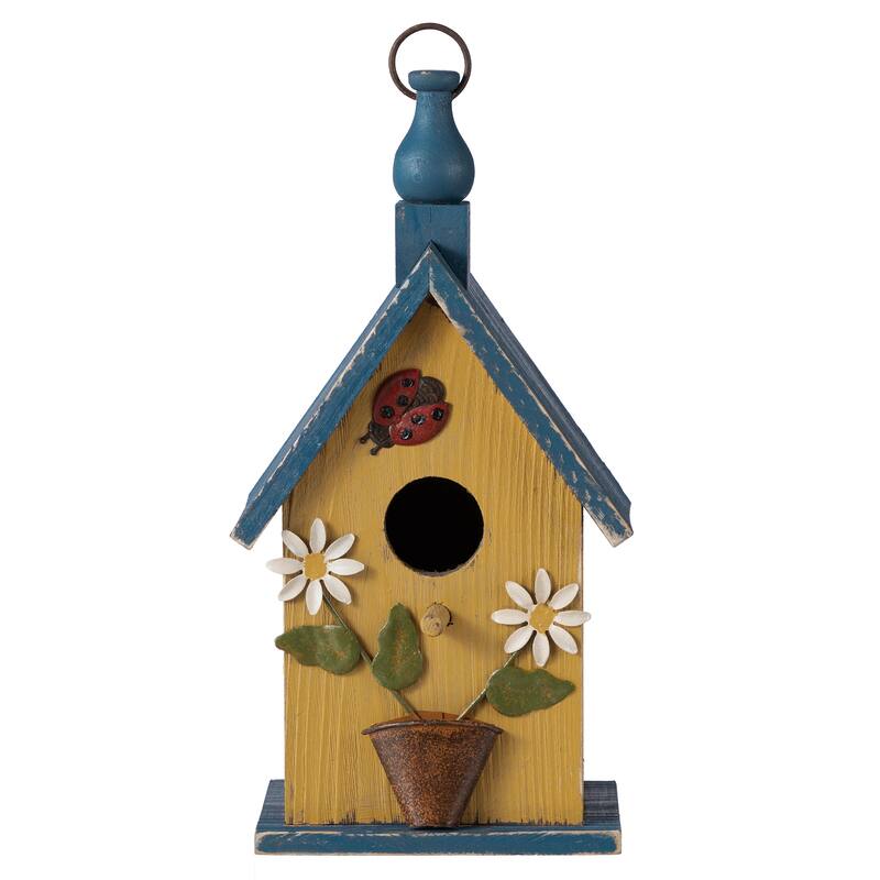 Glitzhome 12.25"H Washed Yellow Distressed Solid Wood Cottage Garden Birdhouse with Bees and Flowers
