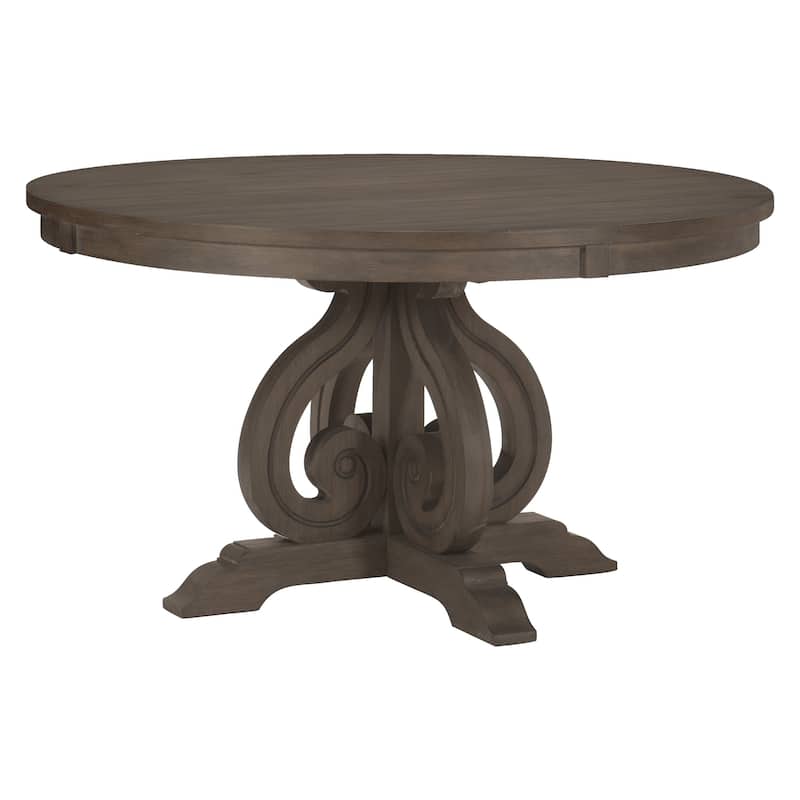 Luon 54 Inch Dining Table, 6 Seater Round Top, Scrolled Metal Base, Brown