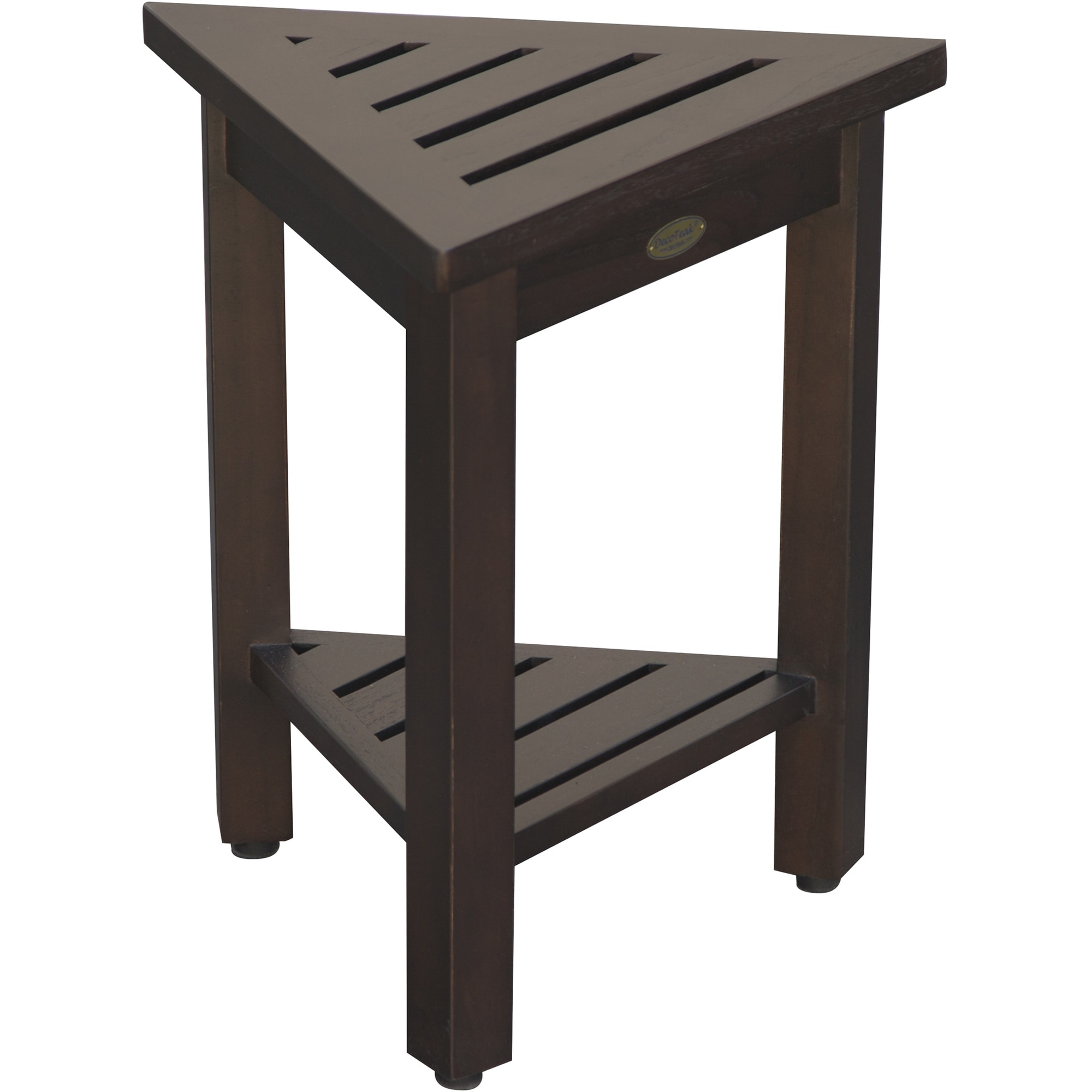 Compact Triangular Teak Shower Outdoor Bench with Shelf in Brown Finish
