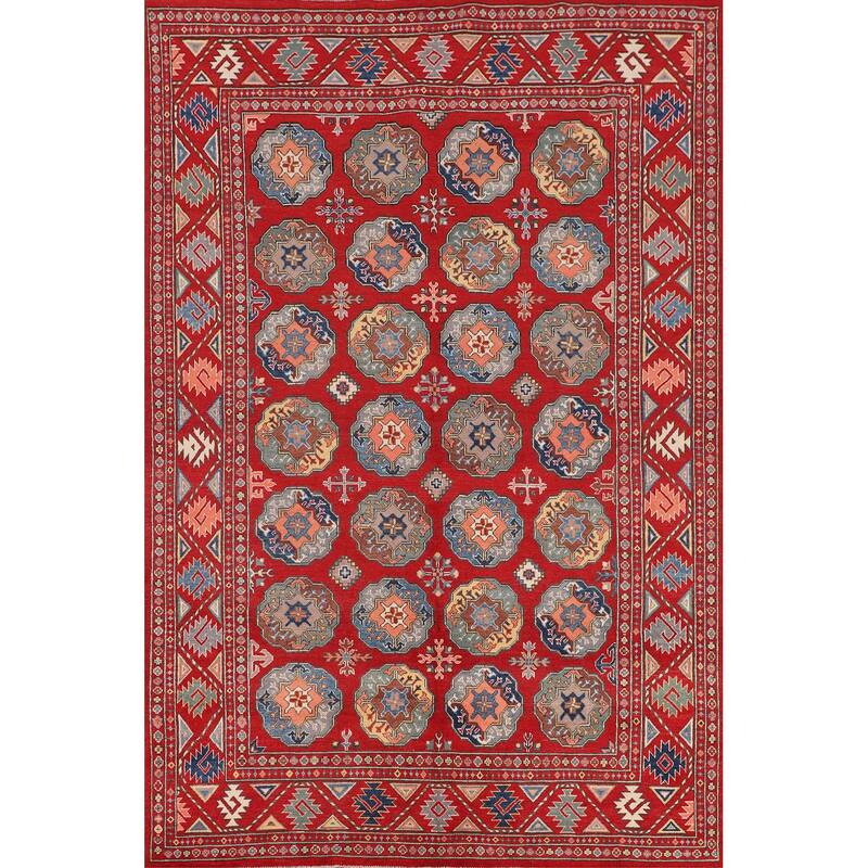 All-Over Red Kazak Oriental Area Rug Hand-Knotted Wool Carpet - 6'7" x 9'7"