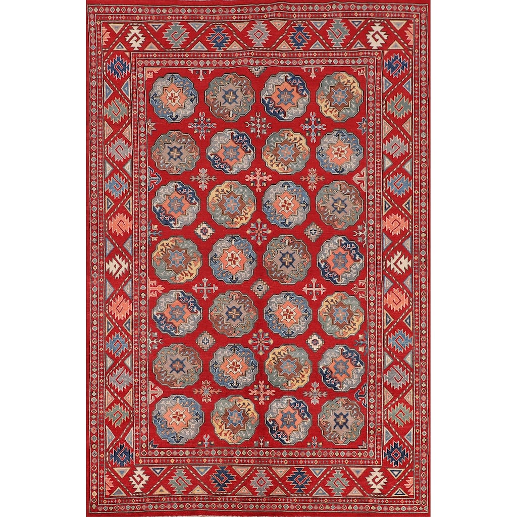 All-Over Red Kazak Oriental Area Rug Hand-Knotted Wool Carpet - 6'7" x 9'7"