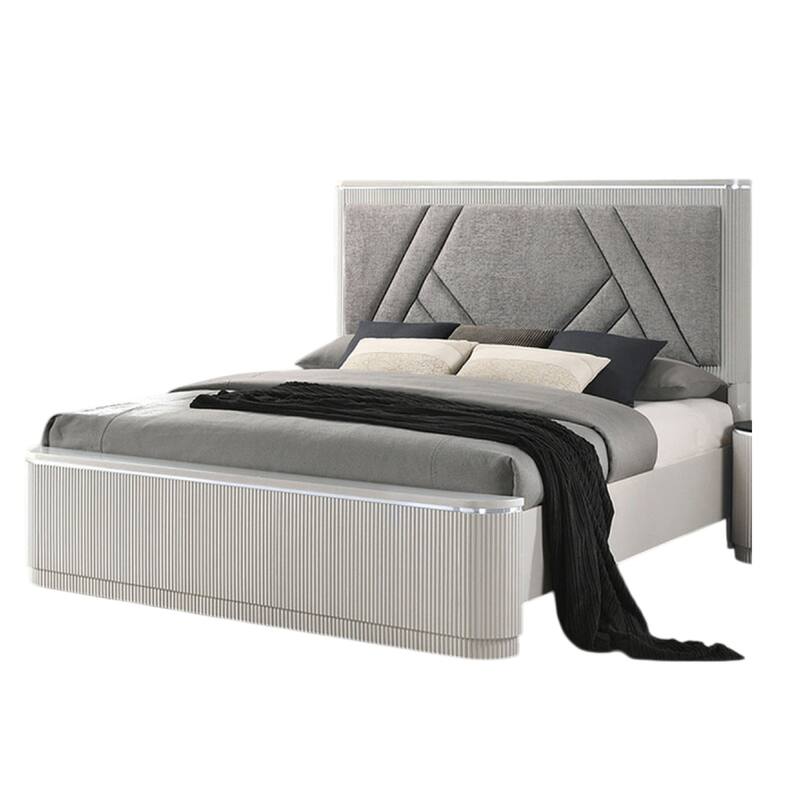 Vino King Bed, Gray Chevron Satin Fabric Upholstered, Solid Wood